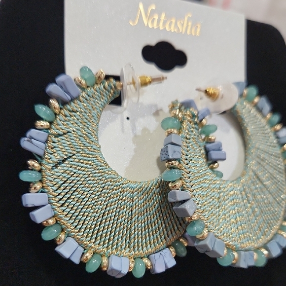 🔹️Natasha🔹️ Couture Aqua and Gray Beaded Hoop Earrings - Picture 2 of 5